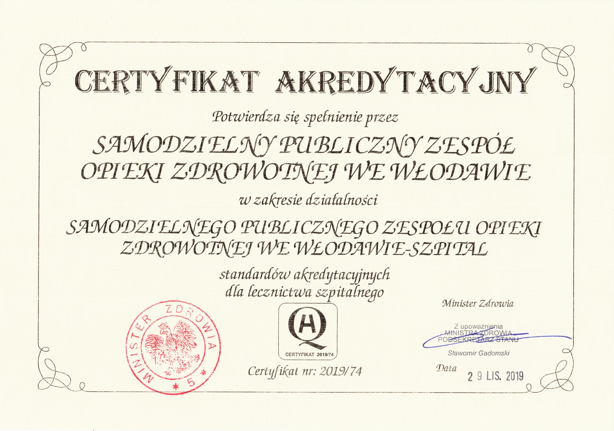 Certyfikat akredytacyjny 2019 r.
