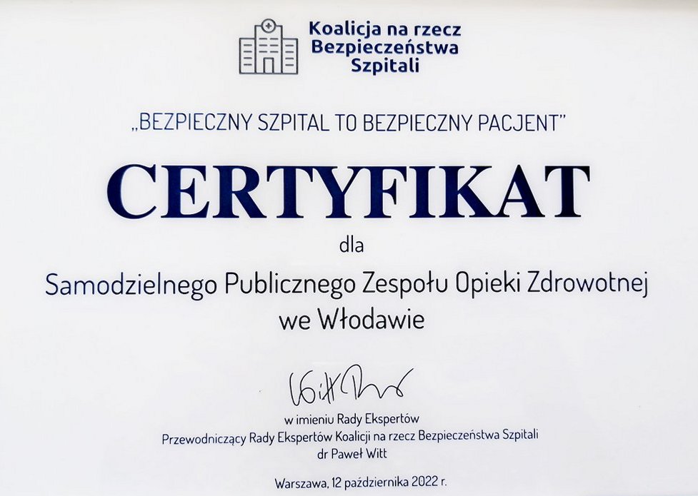 Certyfikat bezpieczny szpital