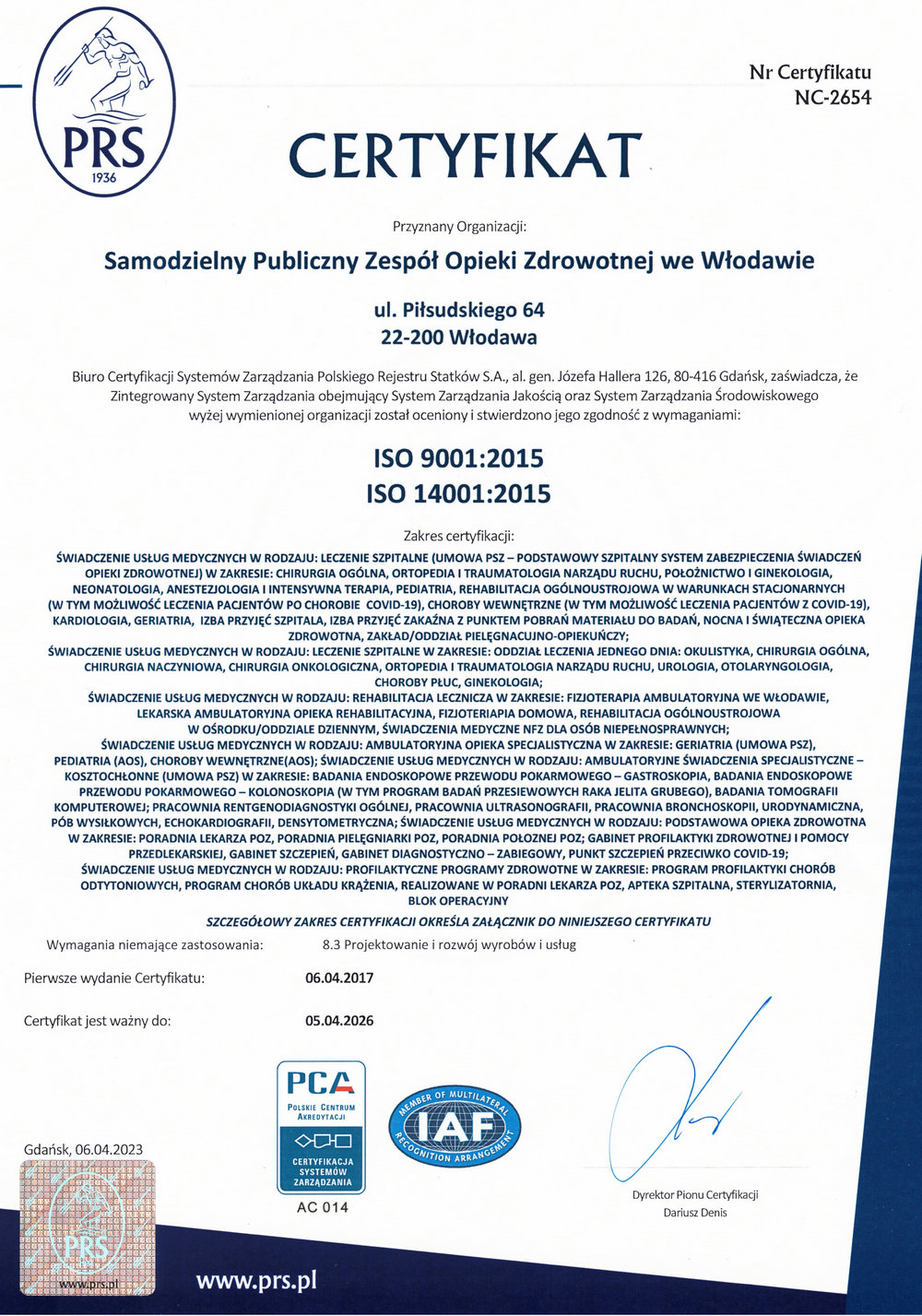 Certyfikat ISO 9001:2015 i 14001:2015